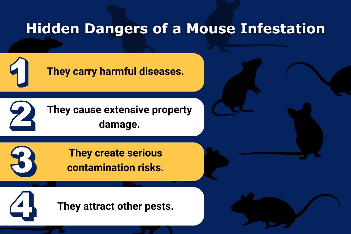 Original infographic-Smash Pest Dec. blog - dangers of mice infestation Original infographic listing four dangers of mouse infestations featuring a navy background, little graphics of mice, and white and yellow boxes