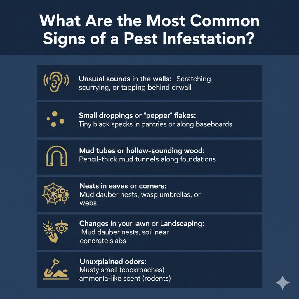 original infographic titled "What Are the Most Common Signs of a Pest Infestation?" featuring a professional portrait layout with a deep navy blue background (#042361), gold accents (#DEA820), and white text (#FFFFFF). The information is organized into six clean horizontal blocks, each containing a gold icon on the left and descriptive text on the right. The first point highlights "Unusual sounds in the walls," such as scratching or tapping, accompanied by an ear icon. The second point notes "Small droppings or 'pepper' flakes" found in pantries or baseboards, paired with a speckle icon. The third point describes "Mud tubes or hollow-sounding wood" indicating termites, shown with an archway icon representing tunnels. The fourth point covers "Nests in eaves or corners" like wasp umbrellas or spider webs, illustrated with a spider web icon. The fifth point addresses "Changes in your lawn or landscaping," specifically displaced soil near concrete, with a shovel and soil icon. The final point mentions "Unexplained odors," such as musty or ammonia-like scents, accompanied by a nose icon. The overall design is modern and high-contrast, ensuring the pest warning signs are easily readable.